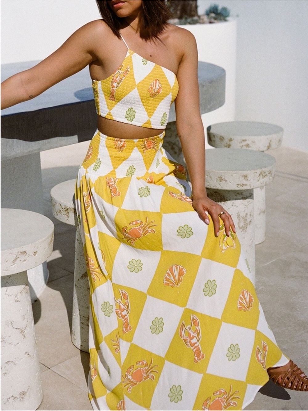 NWT Sabo Skirt Vacation Trendy Venetian Cutout Seashell Lemon Print Maxi Dress
